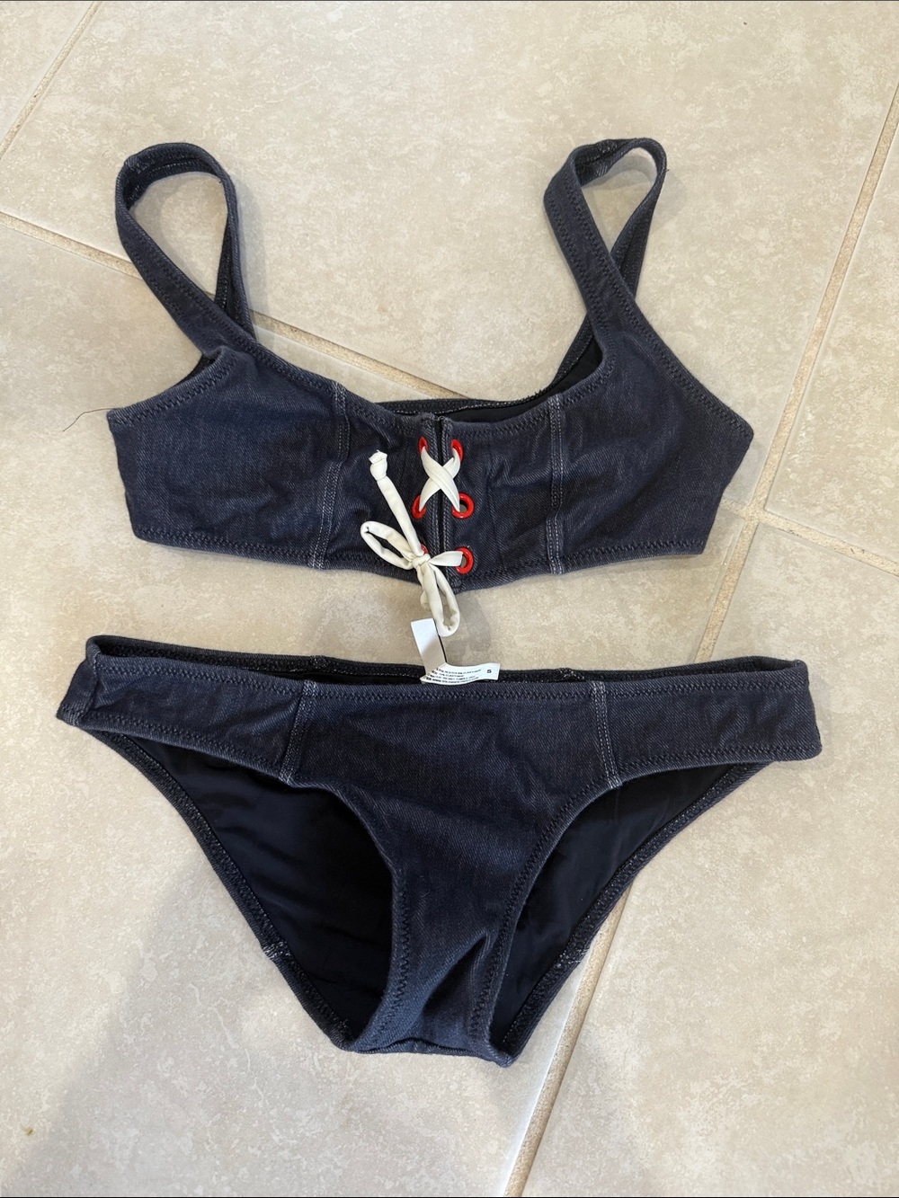 Solid and striped dark denim look Two-Piece Bikini